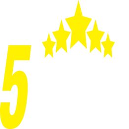 Yellow number 5 with five yellow stars arranged in an arc above it on a white background.