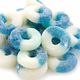 Blue and white sugar-coated gummy rings stacked together.