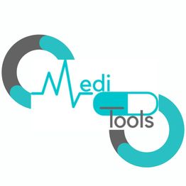 Logotipo de "MediTools" con letras y figuras circulares en gris y turquesa.