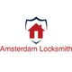 Logo with a red house in a blue shield, text reads "Amsterdam Locksmith."
