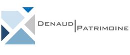 Logo avec formes géométriques bleues et grises, texte "Denaud Patrimoine".