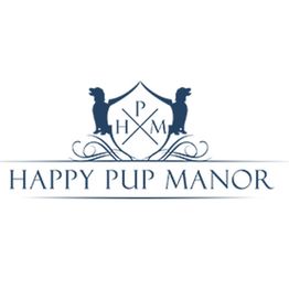 Logo featuring silhouetted dogs and the text "Happy Pup Manor" beneath a decorative emblem.