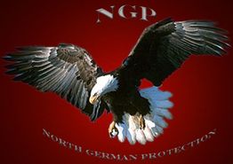 Ein fliegender Adler vor rotem Hintergrund mit den Buchstaben "NGP" und Text "North German Protection".