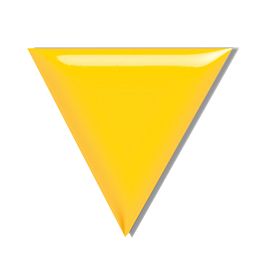 Gelbes, invertiertes Dreieck mit Schatten auf weißem Hintergrund.