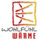 Logo mit roten und gelben Linien, Text: "Wohlfühl Wärme" in stilisierter Schrift.