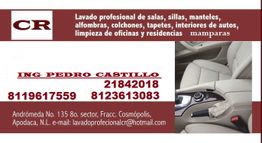 Tarjeta promocional de limpieza profesional de interiores y textiles, con datos de contacto.