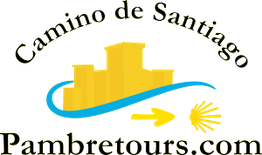 Logotipo amarillo de Pambretours para el Camino de Santiago con una silueta y un camino azul.