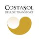 Logotipo de "CostaSol Deluxe Transport" en texto negro y diseño curvo dorado y blanco.