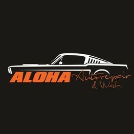 Silhouette of a car with "Aloha Auto Repair & Wash" text on a black background.