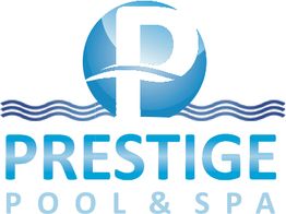 Logo with blue wave design, large "P," and text: "Prestige Pool & Spa."