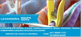 Ao lado de pregadores de roupa, cartaz promocional da Lavanderia Roupa Nova com serviços e contatos.