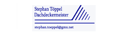 Logo mit "Stephan Töppel Dachdeckermeister" und E-Mail-Adresse; blaues Dachsymbol.