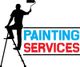 Silhouette of a painter on a ladder with "Painting Services" text in blue and red.