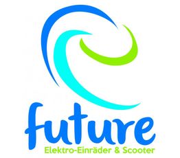 Logo von "future" mit blauen und grünen Wellen, Text: "Elektro-Einräder & Scooter".