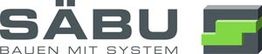 Logo mit Schriftzug "SÄBU Bauen mit System" und einem grünen und grauen grafischen Element.