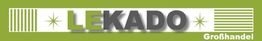 Logo mit Text "LEKADO Großhandel" in Grün und Grau, mit Linien und Sternen als Dekoration.