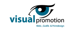 Logo mit blauem Auge und "visual" in Blau. Text: "Web-, Grafik- & Printdesign".