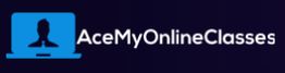 Blue laptop icon with silhouette and text "AceMyOnlineClasses" on a dark background.