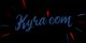 Texte "Kyra.com" en bleu avec des éclats rouges sur fond noir.