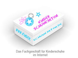 Schuhkarton mit buntem Logo und Aufschrift "Kinderschuhkarton.de" für Kinderschuhe im Internet.