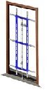 Metalen frame in houten rand, gebruikt voor wandinstallaties zoals sanitair of leidingen.
