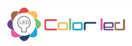 Logo con fiore multicolore, lampadina LED al centro, scritta "Color led" in caratteri colorati.