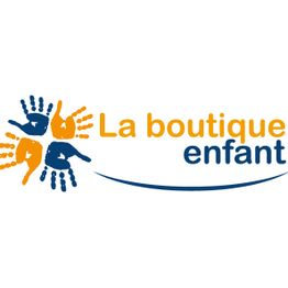 Logo "La boutique enfant" avec des mains colorées en bleu et orange.