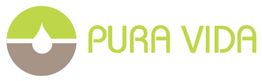 Logo mit grünem, braunen Tropfensymbol links und Schriftzug "Pura Vida" in Grün rechts.