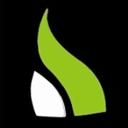 Logo con forma astratta verde e bianca su sfondo nero.