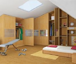 Dormitorio moderno con gimnasio, armarios de madera, cama baja y luz natural del techo.