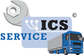 Logo mit Schraubenschlüssel, Text "ICS Service" und blauem LKW.