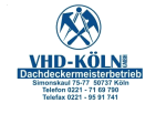 Logo von VHD-Köln, Dachdeckermeisterbetrieb mit Kontaktinfos und Zimmereisymbol.