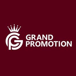 Logo mit Krone und Schriftzug "Grand Promotion" auf dunkelrotem Hintergrund.