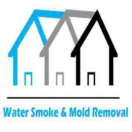 Three overlapping house icons with text: "Water Smoke & Mold Removal" in blue below.
