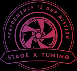 Logo mit Radgrafik, Text: "Performance is our mission, Stage X Tuning".