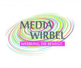 Buntes Wirbel-Logo mit Text: "MEDIA WIRBEL" und "WERBUNG, DIE BEWEGT."