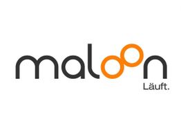 Logo mit dem Text "maloon", wobei "oo" orange ist. Darunter steht in Schwarz "Läuft.".