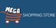 Logo with text "Mega Shopping Store" and an orange shopping cart icon.