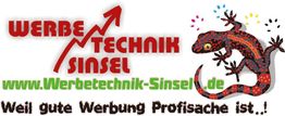 Logo von Werbetechnik Sinsel mit Website und bunter Gecko, Slogan über professionelle Werbung.
