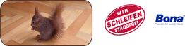 Eichhörnchen auf Parkett, Logo "Wir schleifen staubfrei" und Bona-Logo.