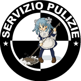Personaggio in uniforme pulisce con scopa. Testo: "Servizio Pulizie" sopra, stelle ai lati.