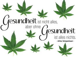 Text mit Hanfblättern: "Gesundheit ist nicht alles, aber ohne Gesundheit ist alles nichts."