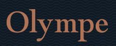 Texto "Olympe" em fonte serifada, cor marrom, sobre fundo escuro com padrão de ondas.