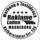 Kreisförmiges Logo mit "Reklame Laden Magdeburg" und Adresse "Halberstädter Str. 139".