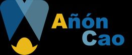 Logo con texto "Añón Cao" y diseño abstracto en azul y amarillo sobre fondo negro.