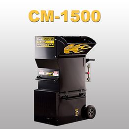 CM-1500 insulation blower with flames design, black with wheels, against gray background.