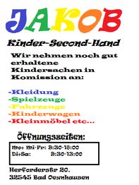 Kinder-Second-Hand-Plakat mit Infos zu Kleidung, Spielzeug, Öffnungszeiten und Adresse in Bad Oeynhausen.