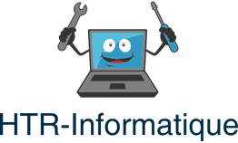 Un ordinateur souriant tenant un tournevis et une clé, texte en dessous : "HTR-Informatique".