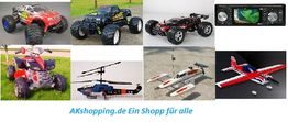 Collage von ferngesteuerten Autos, Drohnen und einem Autoradio mit dem Text "Ein Shop für alle".