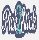 Texto estilizado: "Pick 2 Stick" en azul y turquesa. Fondo blanco.